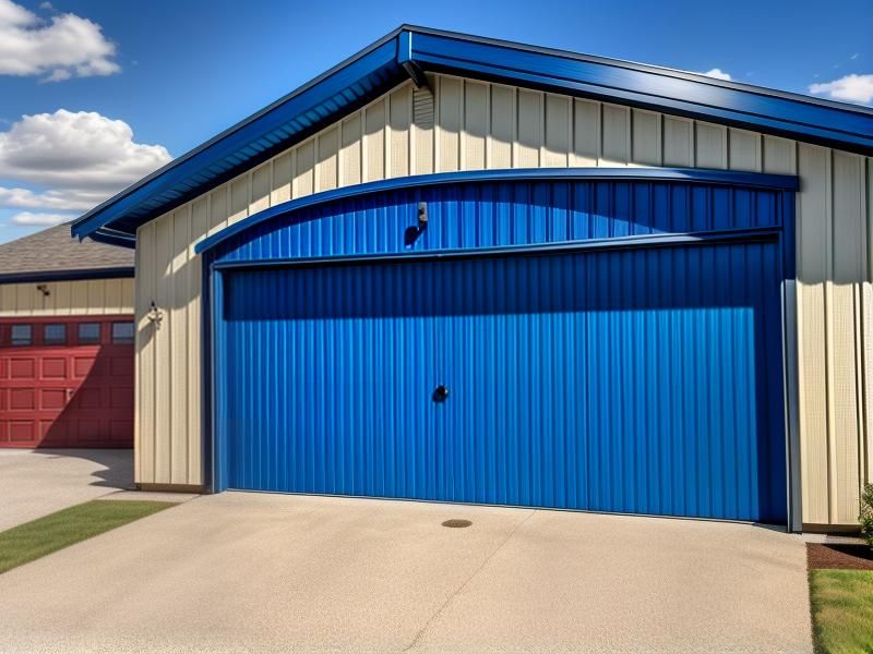 Modern detached garage with a bold blue door built by Bailey Construction Services, highlighting their expert construction services in Des Moines.